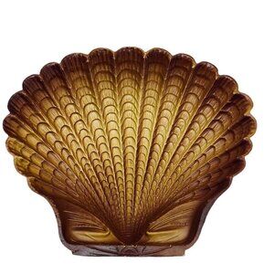 Vintage 10"  Plastic Serving Bowl Shell Shape Brown Yellow Mid Century Decor